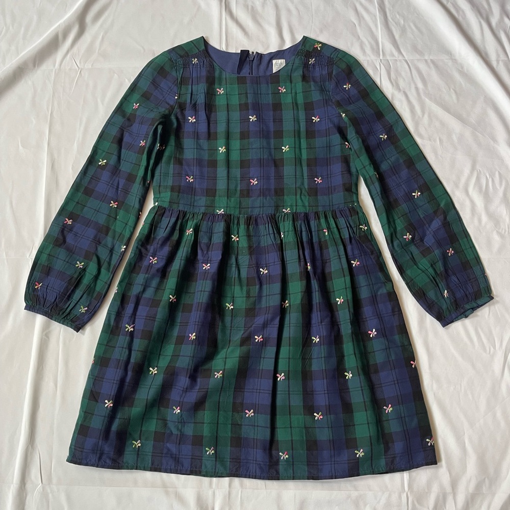 GAP Girls Green and Navy Plaid Long Sleeve Dress with Embroidery